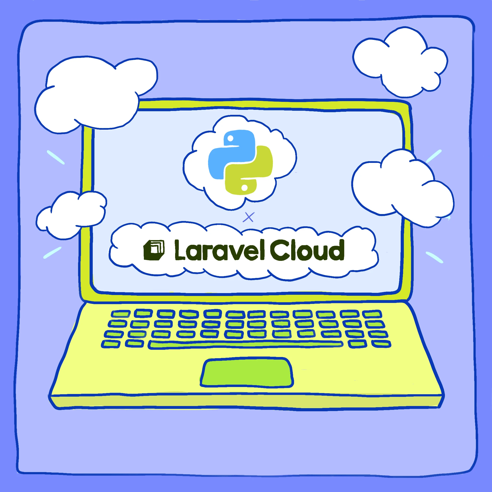 Illustration of a laptop showing the Python logo and Laravel Cloud among clouds