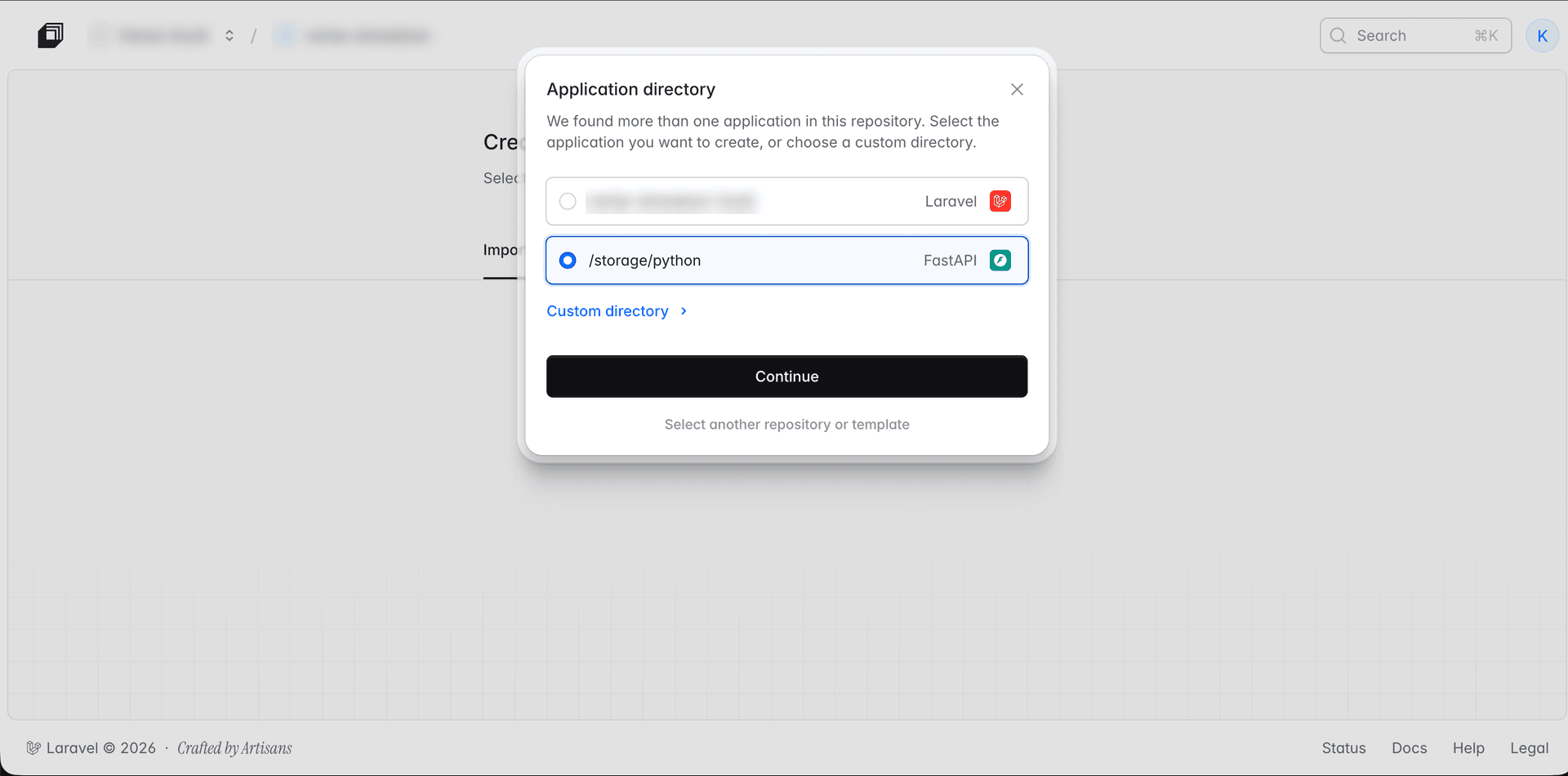 Laravel Cloud detecting a Laravel app at the repository root and a FastAPI app in a subdirectory