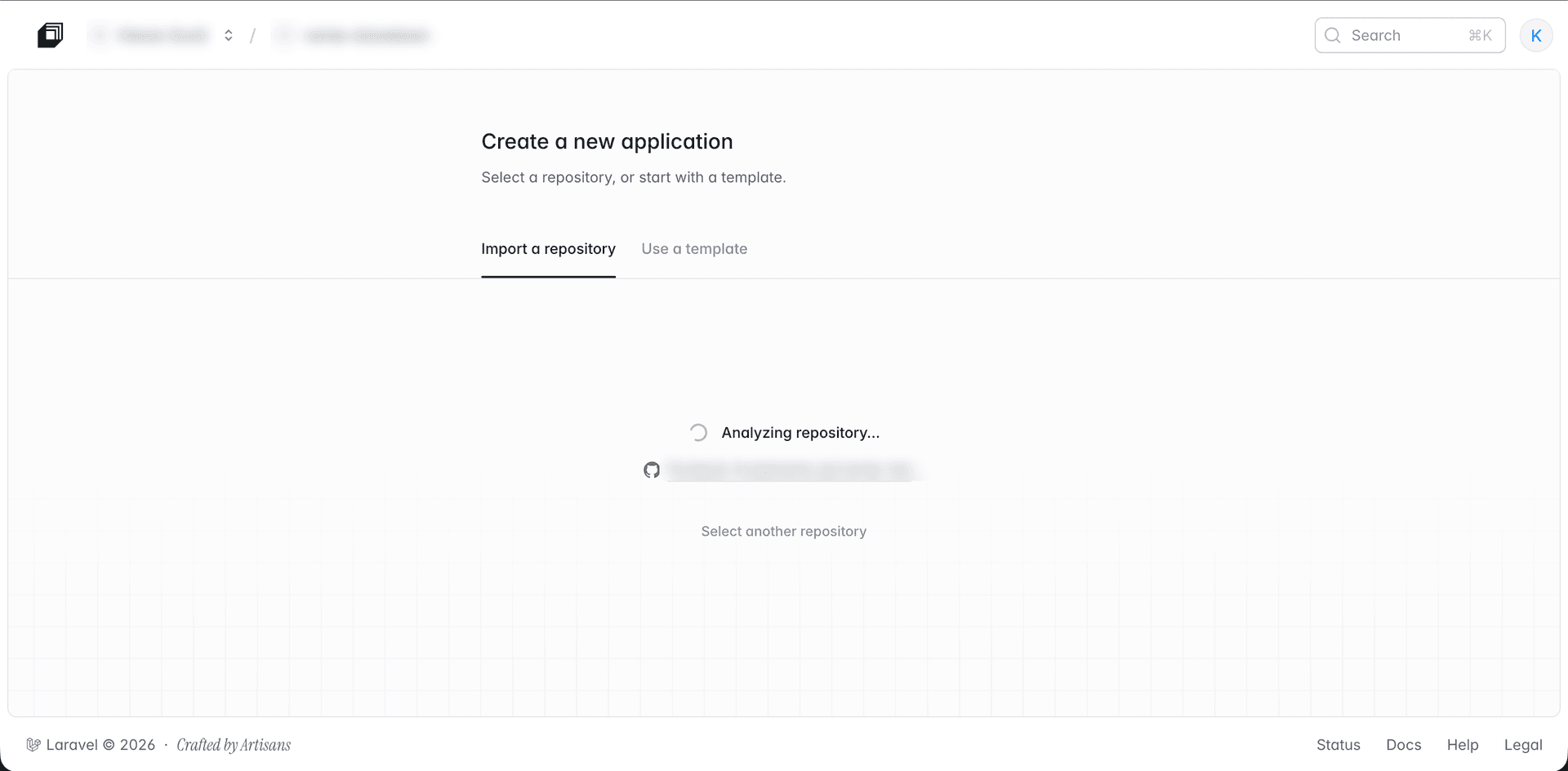 Laravel Cloud analysing a connected repository on the Create application screen