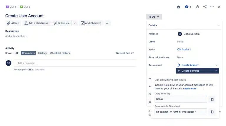 jira create commit